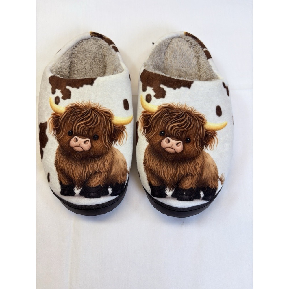 Women's Slip-On Slippers US 9 Highland Cow Animal Print Faux Fur Lined SR-539